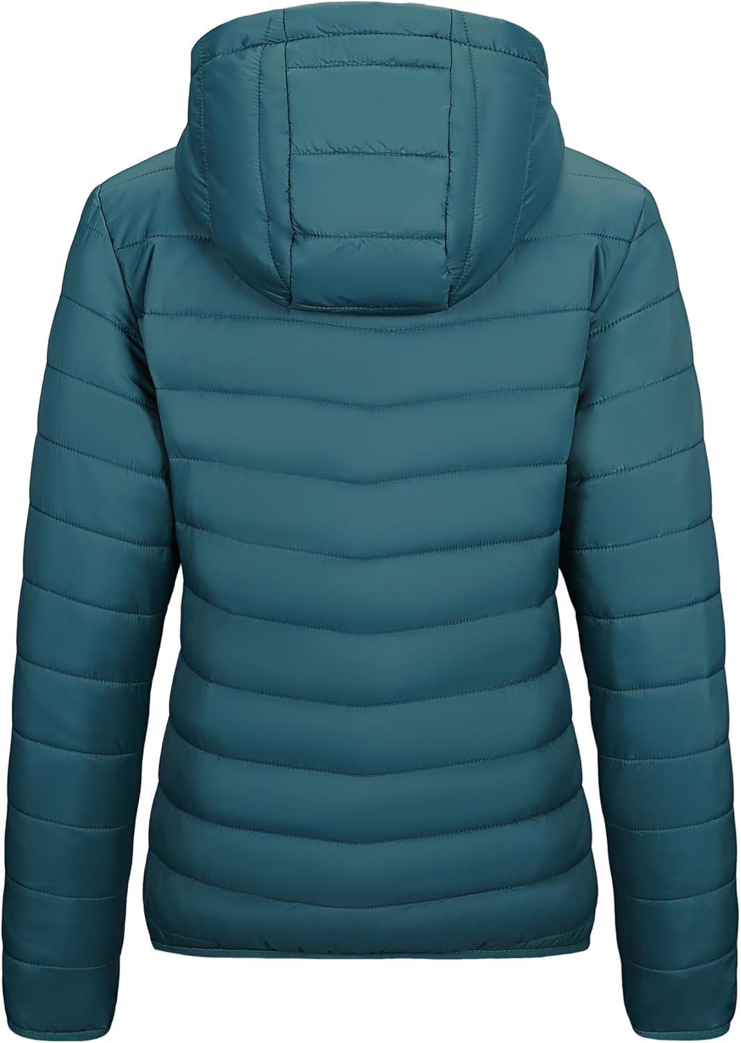 Outdoor Ventures Women’s Packable Lightweight Full-Zip Puffer Jacket with Hood Quilted Winter Coat(Teal(fold in Pocket))