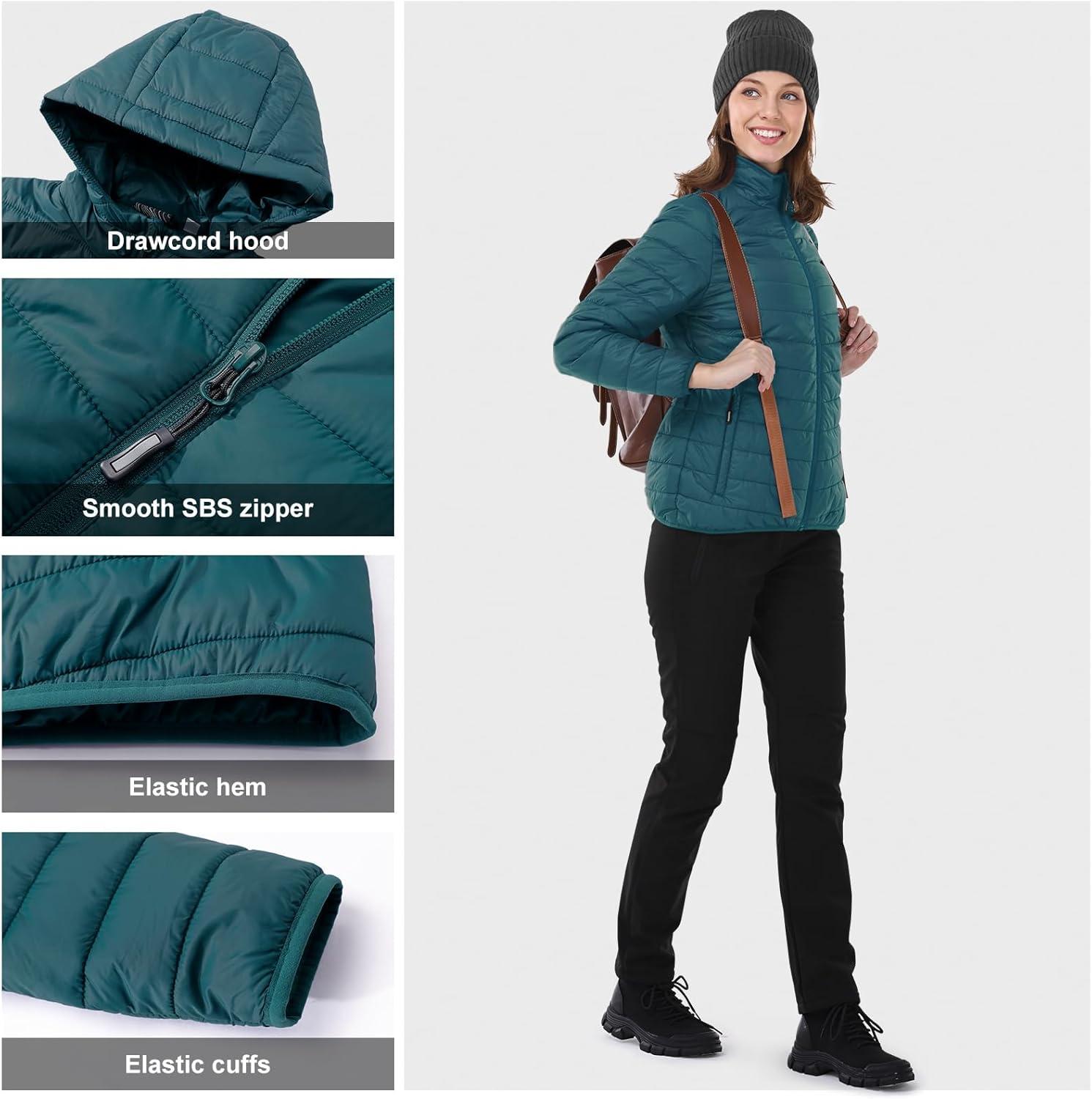 Outdoor Ventures Women’s Packable Lightweight Full-Zip Puffer Jacket with Hood Quilted Winter Coat(Teal(fold in Pocket))