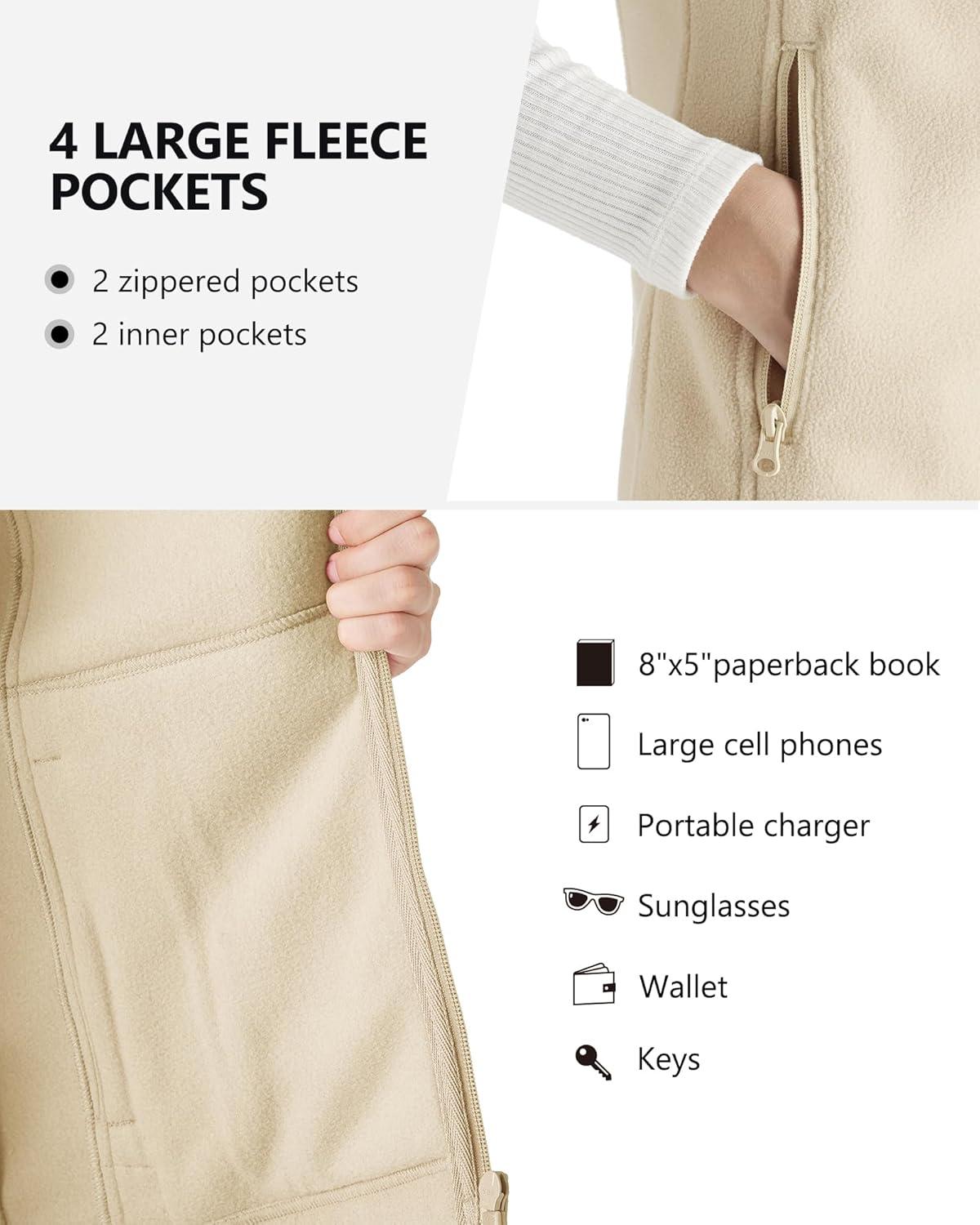 Outdoor Ventures Women’s Polar Fleece Zip Vest Outerwear with Pockets,Warm Sleeveless Coat Vest for Fall & Winter(Khaki)