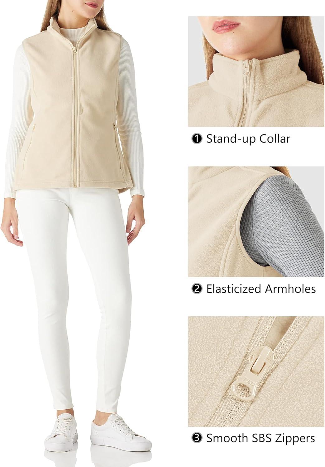 Outdoor Ventures Women’s Polar Fleece Zip Vest Outerwear with Pockets,Warm Sleeveless Coat Vest for Fall & Winter(Khaki)