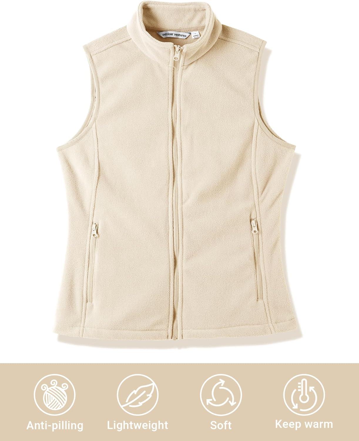 Outdoor Ventures Women’s Polar Fleece Zip Vest Outerwear with Pockets,Warm Sleeveless Coat Vest for Fall & Winter(Khaki)