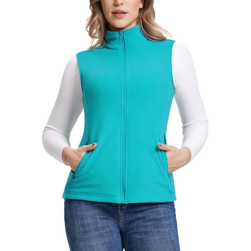 Outdoor Ventures Women’s Fleece Vest, Zip Up Lightweight Soft Running Vest Outerwear Sleeveless with Pockets(Aquamarine Blue)