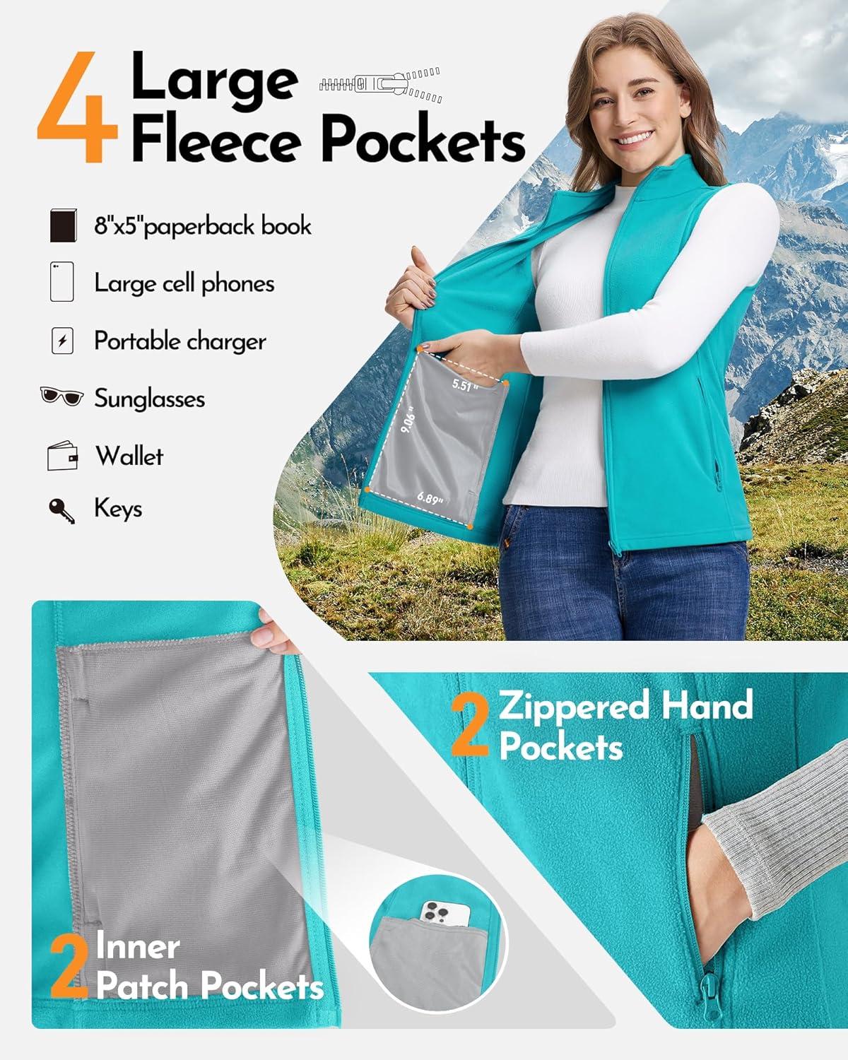 Outdoor Ventures Women’s Fleece Vest, Zip Up Lightweight Soft Running Vest Outerwear Sleeveless with Pockets(Aquamarine Blue)