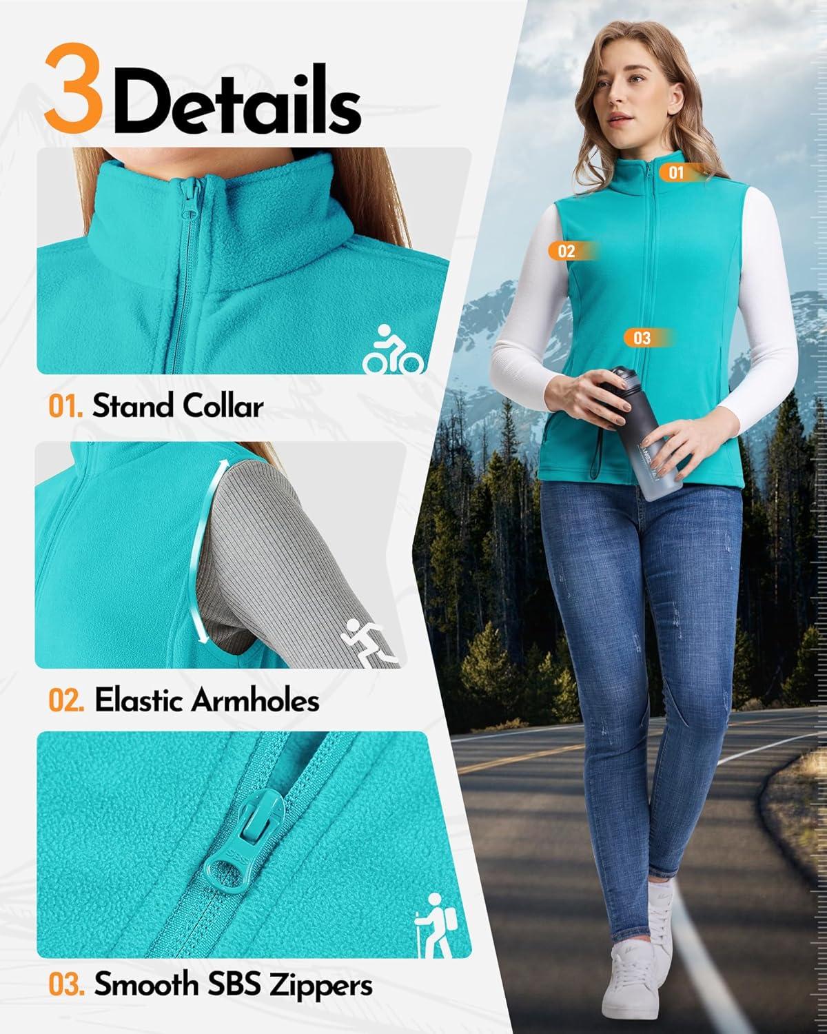 Outdoor Ventures Women’s Fleece Vest, Zip Up Lightweight Soft Running Vest Outerwear Sleeveless with Pockets(Aquamarine Blue)