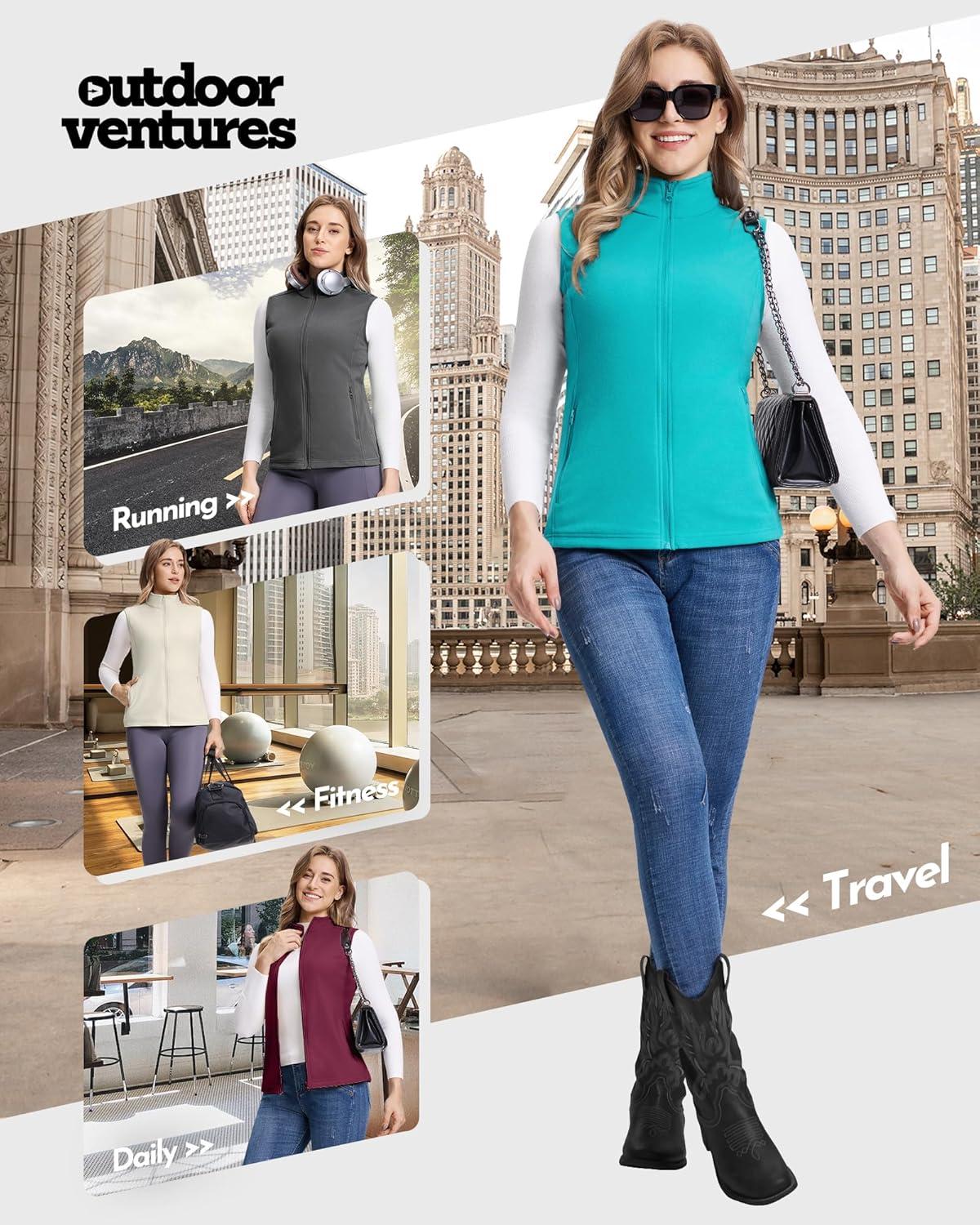 Outdoor Ventures Women’s Fleece Vest, Zip Up Lightweight Soft Running Vest Outerwear Sleeveless with Pockets(Aquamarine Blue)