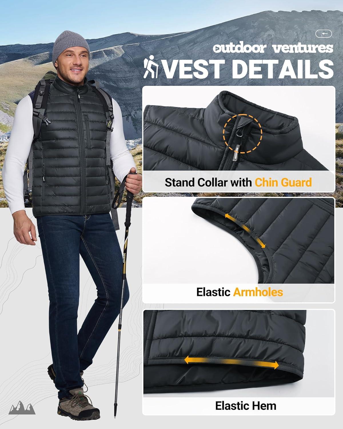 Outdoor Ventures Men’s Lightweight Puffer Vest Outerwear Warm Quilted Sleeveless Packable Winter Jacket for Hiking Running(Dark Grey)