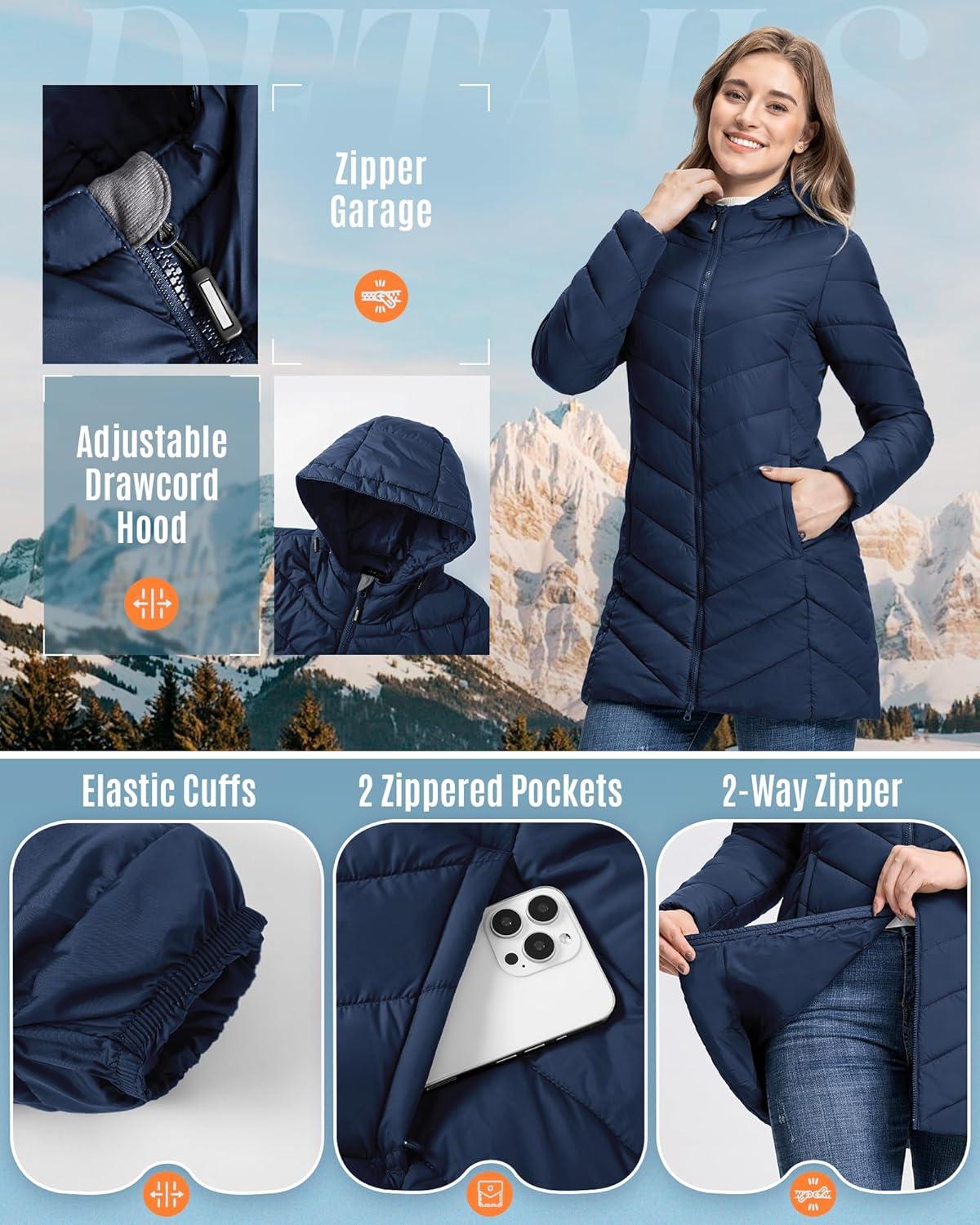 Outdoor Ventures Women’s Long Hooded Lightweight Puffer Coat Quilted Insulated Winter Jacket(Blue)