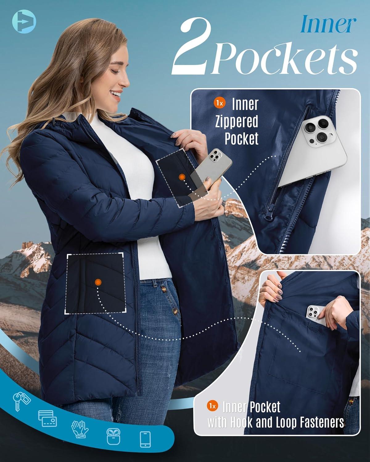 Outdoor Ventures Women’s Long Hooded Lightweight Puffer Coat Quilted Insulated Winter Jacket(Blue)