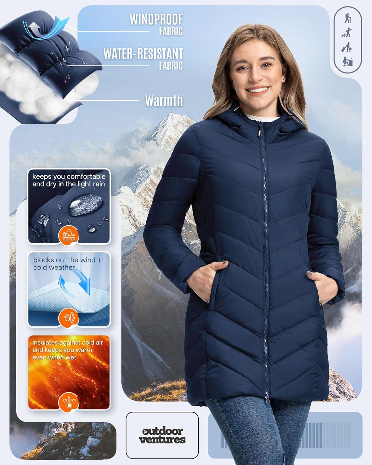 Outdoor Ventures Women’s Long Hooded Lightweight Puffer Coat Quilted Insulated Winter Jacket(Blue)