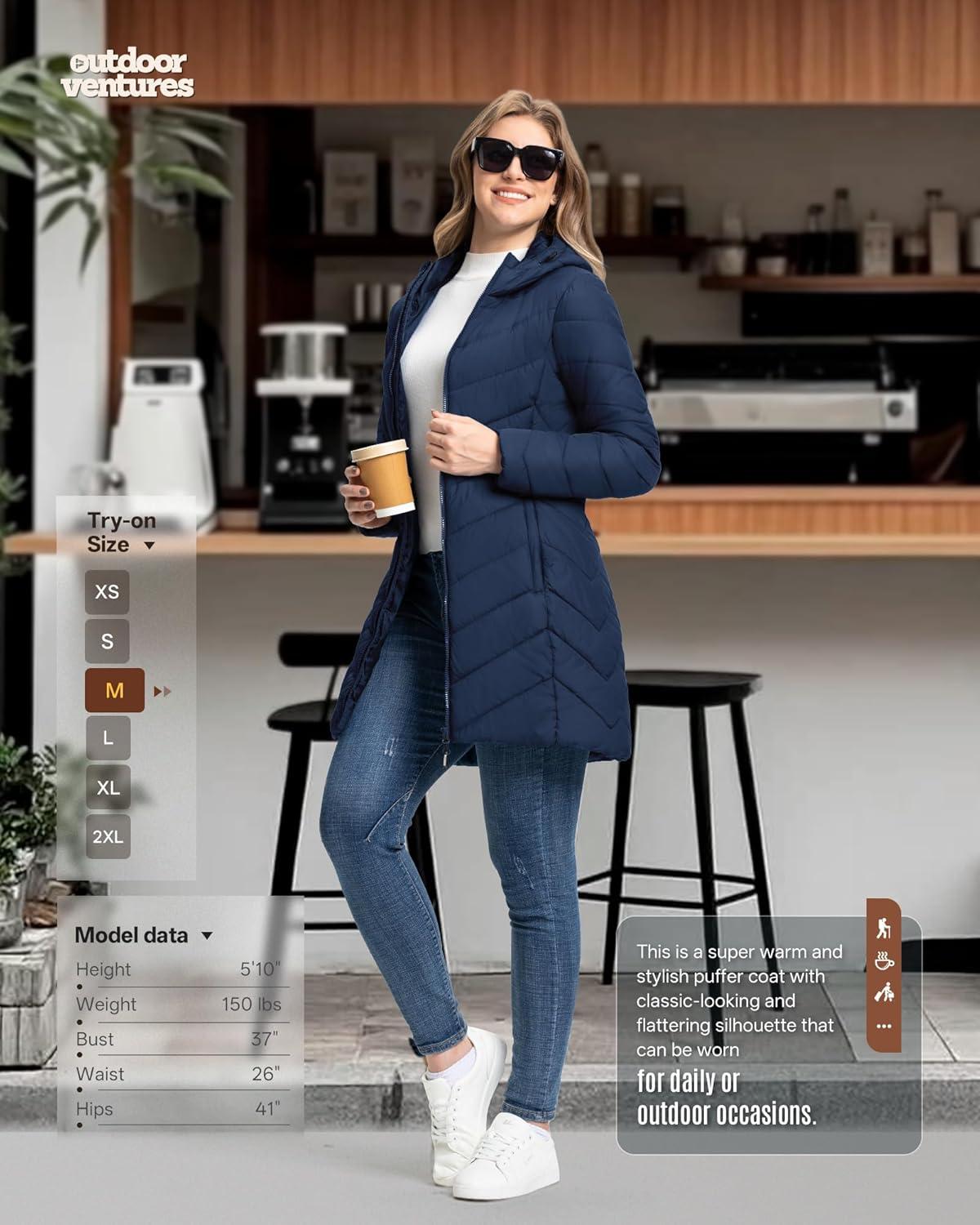 Outdoor Ventures Women’s Long Hooded Lightweight Puffer Coat Quilted Insulated Winter Jacket(Blue)