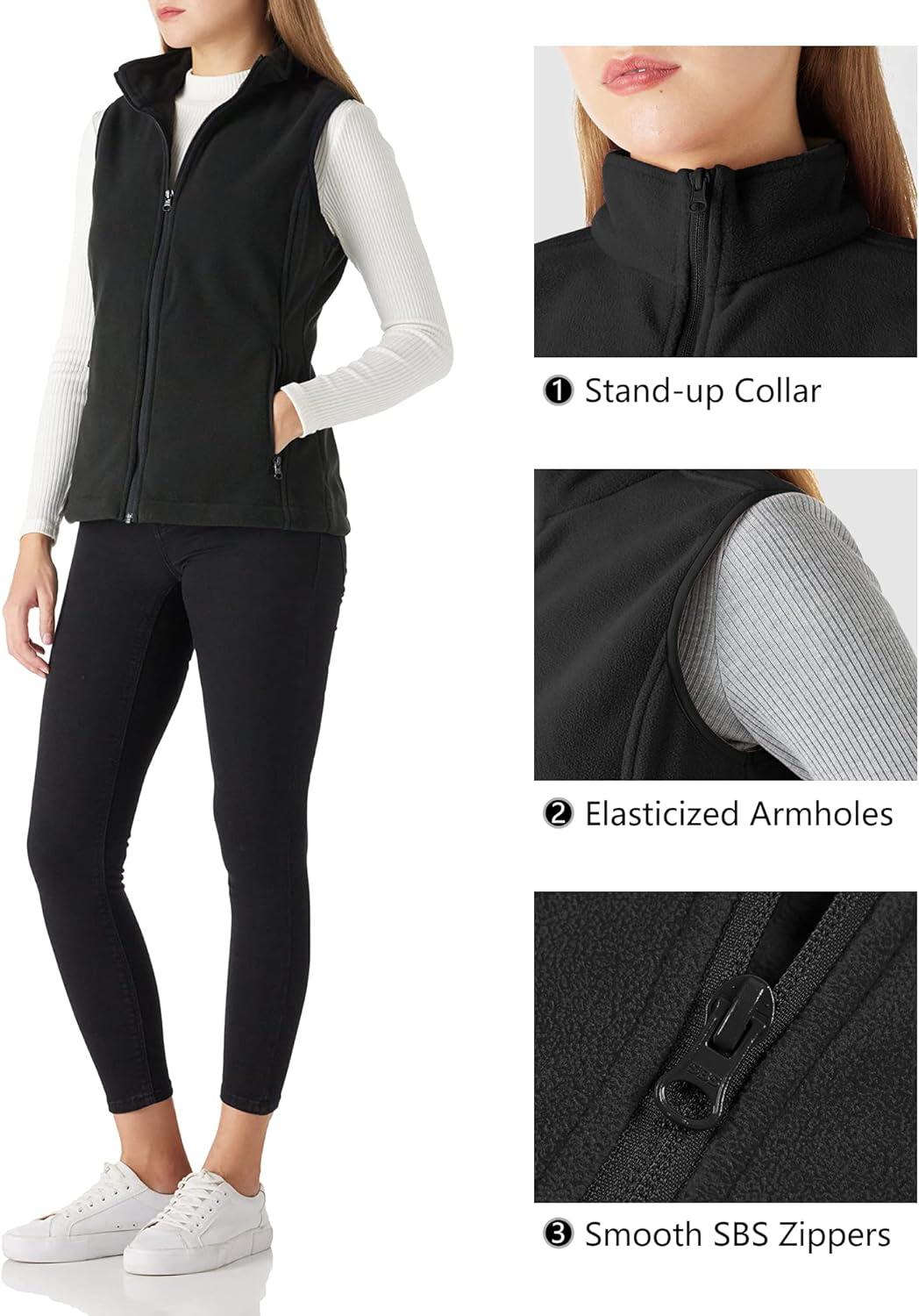 Outdoor Ventures Women’s Polar Fleece Zip Vest Outerwear with Pockets,Warm Sleeveless Coat Vest for Fall & Winter(Black)
