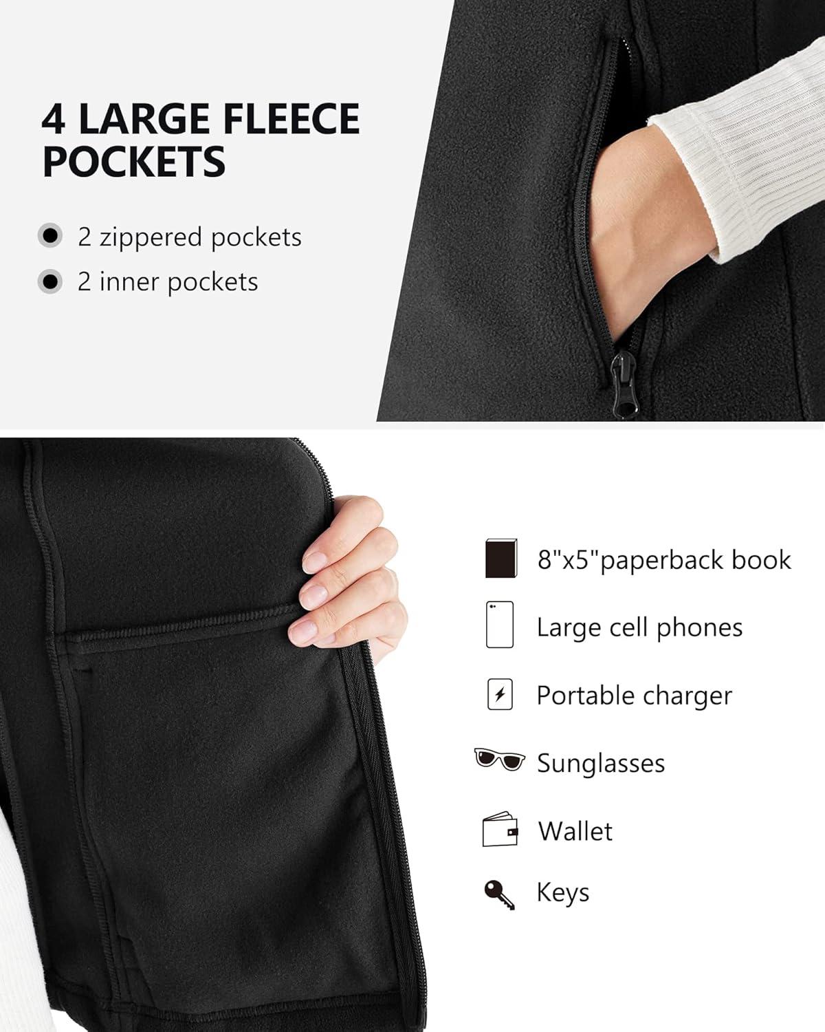 Outdoor Ventures Women’s Polar Fleece Zip Vest Outerwear with Pockets,Warm Sleeveless Coat Vest for Fall & Winter(Black)
