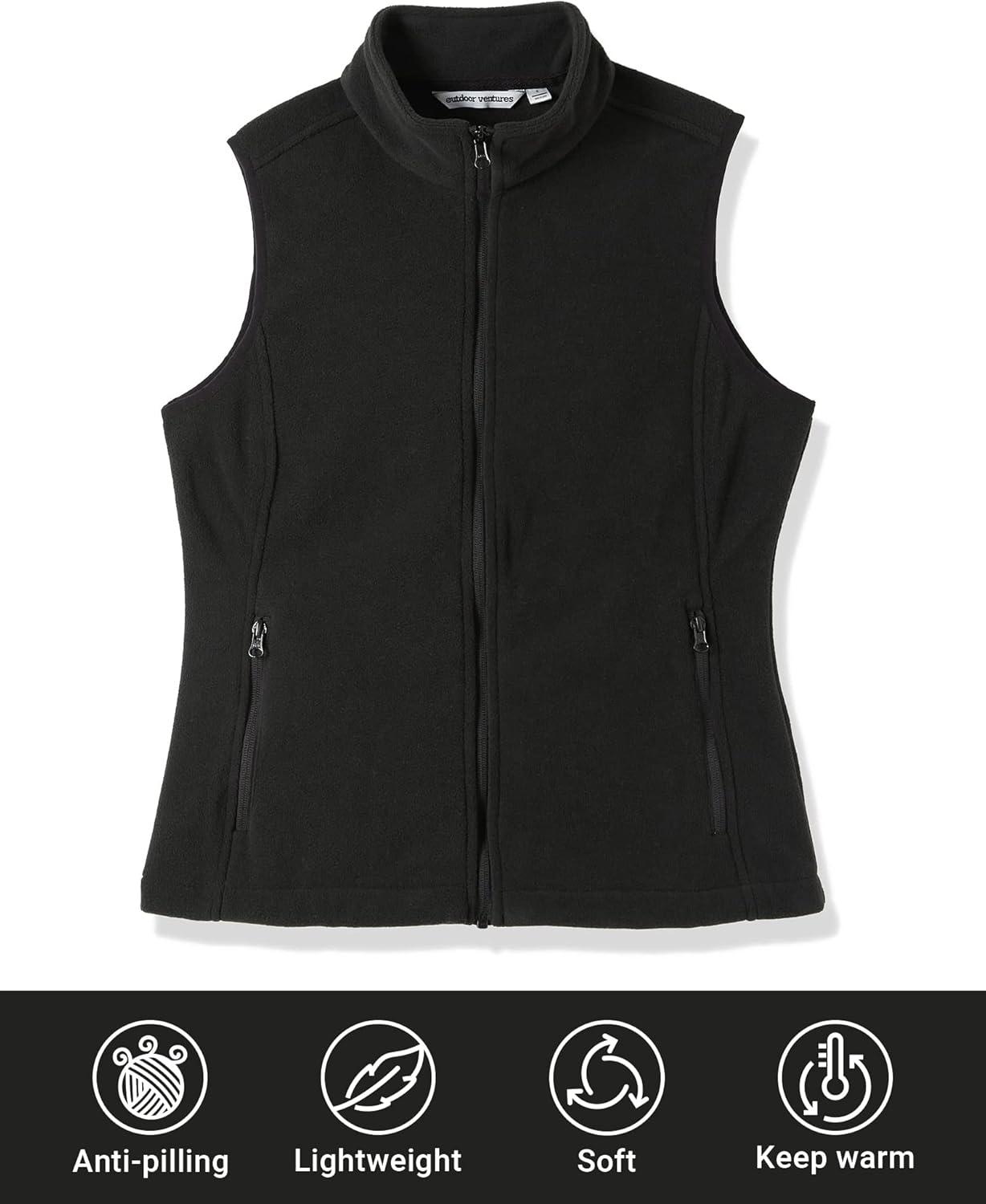 Outdoor Ventures Women’s Polar Fleece Zip Vest Outerwear with Pockets,Warm Sleeveless Coat Vest for Fall & Winter(Black)