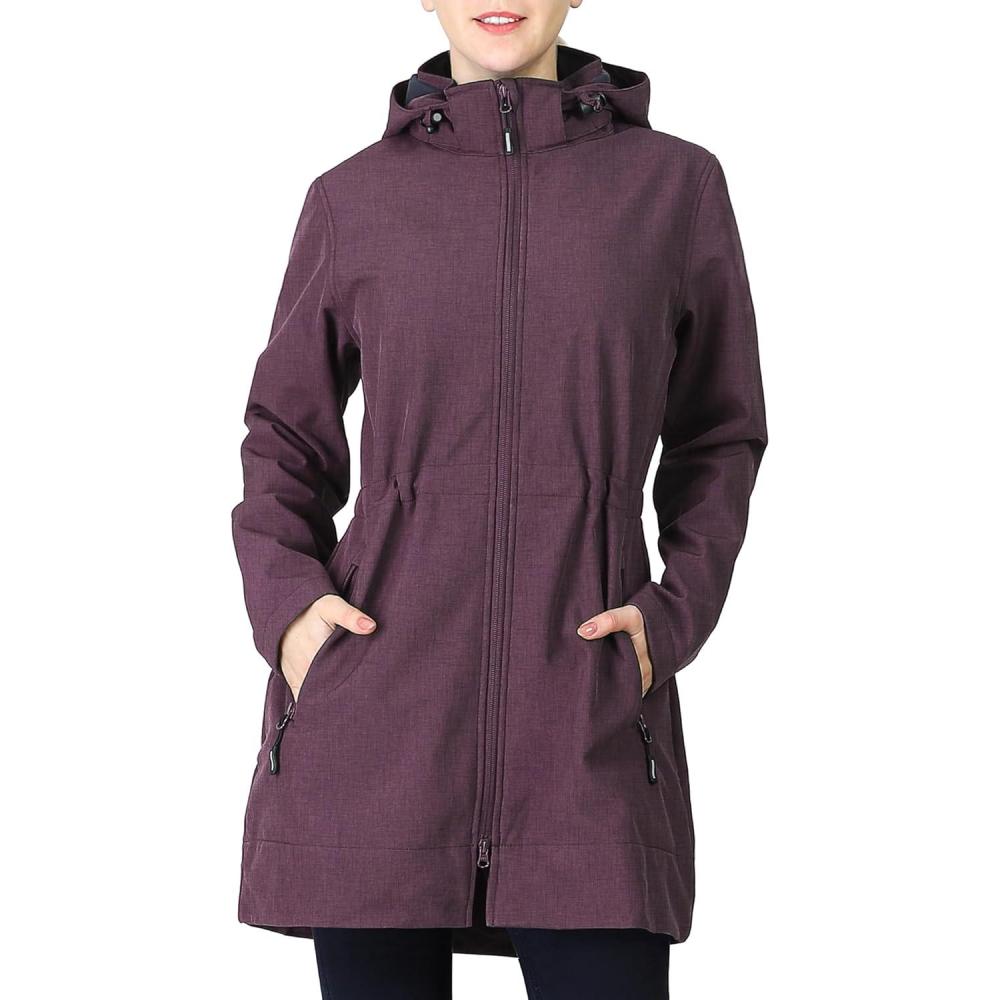 Outdoor Ventures Women’s Softshell Jacket with Removable Hood Fleece Lined Windbreaker Insulated Long Warm Rain Jacket(Purplish Red Heather)