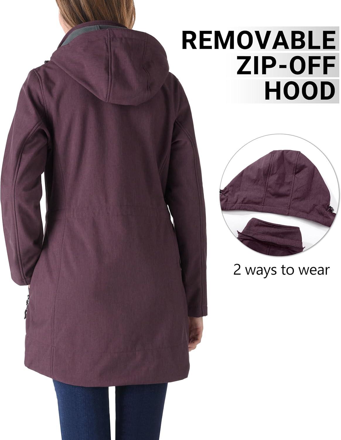 Outdoor Ventures Women’s Softshell Jacket with Removable Hood Fleece Lined Windbreaker Insulated Long Warm Rain Jacket(Purplish Red Heather)