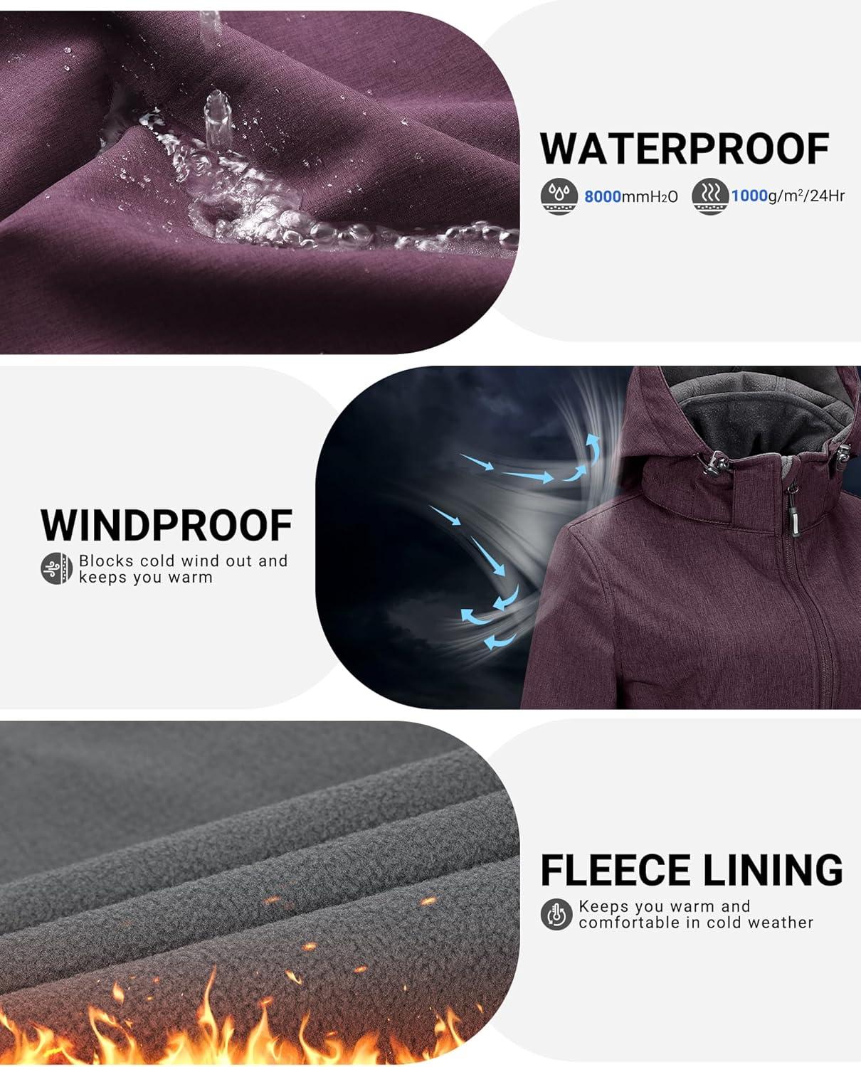 Outdoor Ventures Women’s Softshell Jacket with Removable Hood Fleece Lined Windbreaker Insulated Long Warm Rain Jacket(Purplish Red Heather)