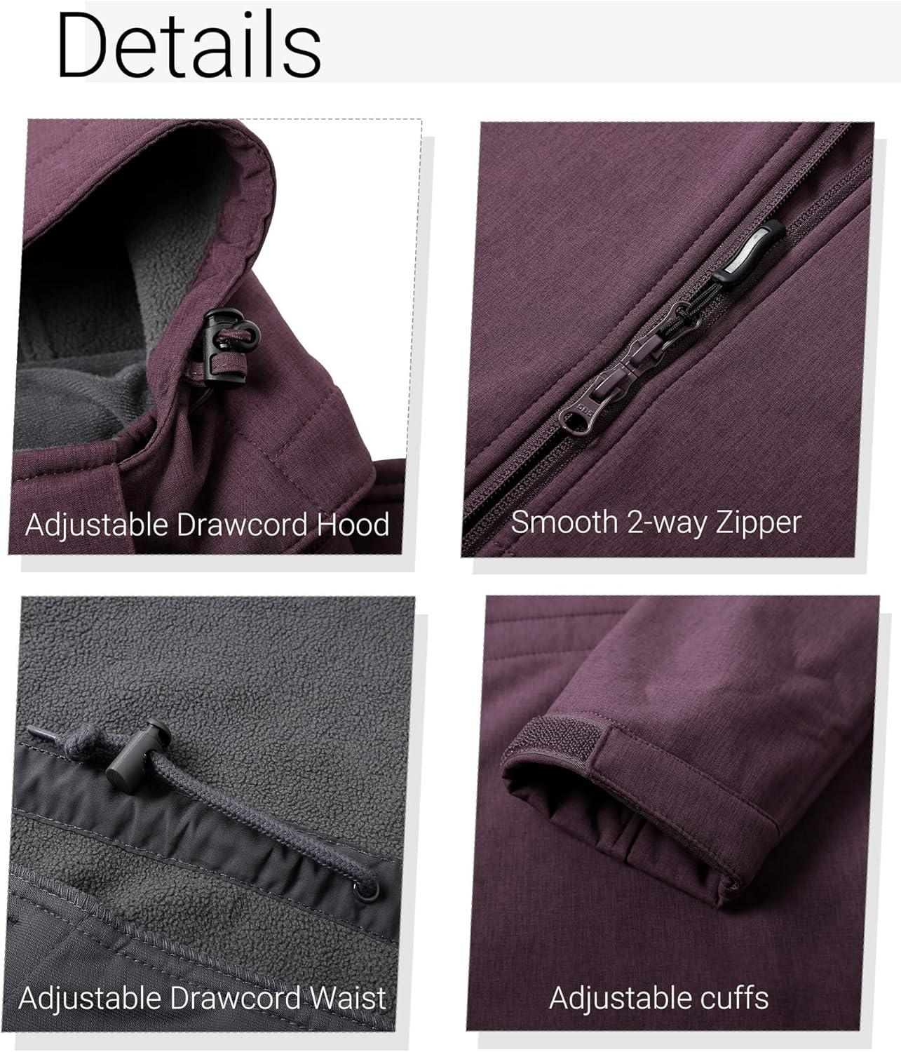 Outdoor Ventures Women’s Softshell Jacket with Removable Hood Fleece Lined Windbreaker Insulated Long Warm Rain Jacket(Purplish Red Heather)