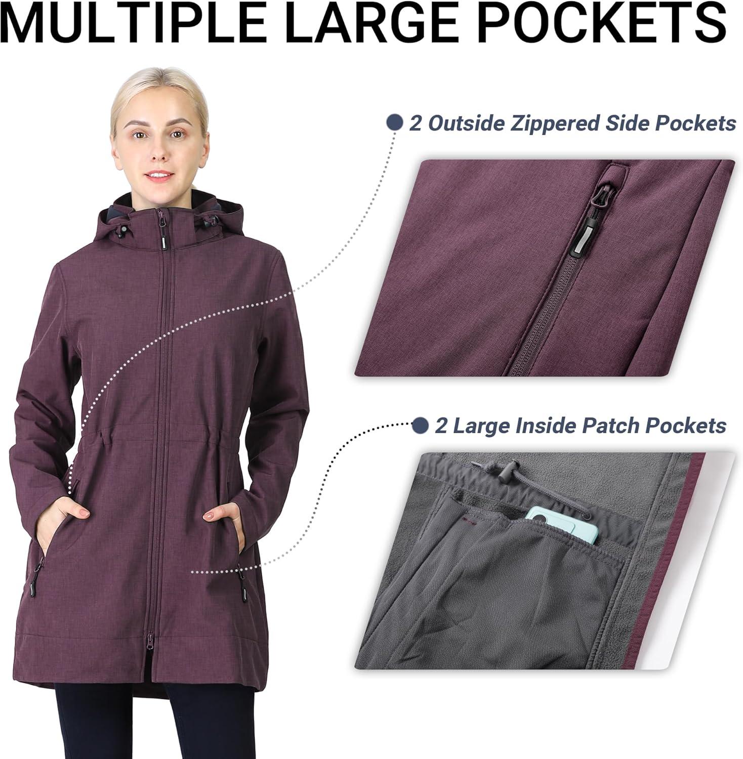 Outdoor Ventures Women’s Softshell Jacket with Removable Hood Fleece Lined Windbreaker Insulated Long Warm Rain Jacket(Purplish Red Heather)