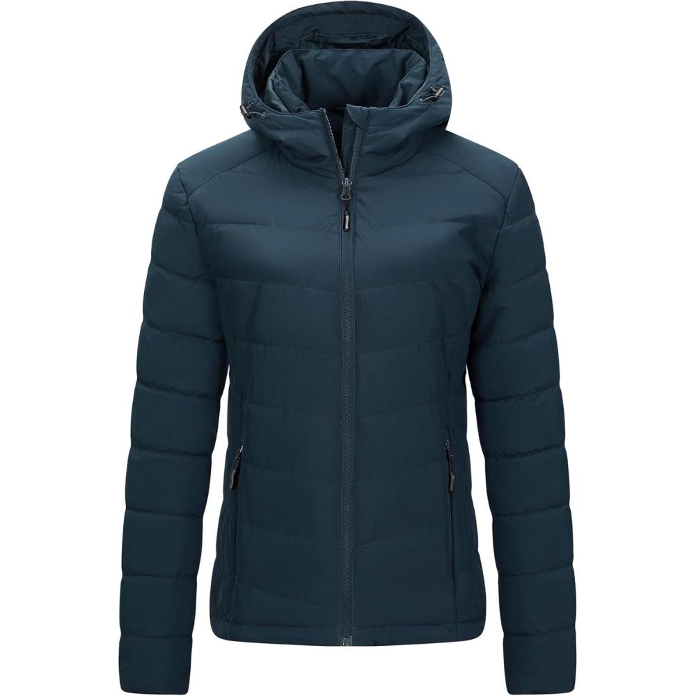 Outdoor Ventures Women’s Hooded Puffer Jacket Waterproof Lightweight Full-Zip Warm Quilted Winter Coat(Deep Blue)