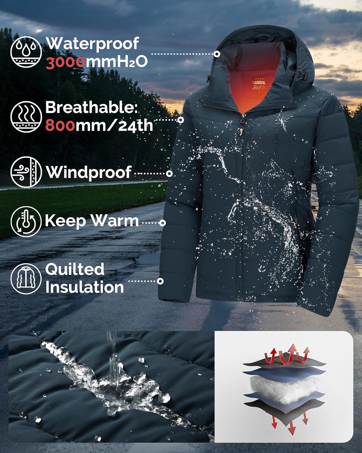 Outdoor Ventures Women’s Hooded Puffer Jacket Waterproof Lightweight Full-Zip Warm Quilted Winter Coat(Deep Blue)