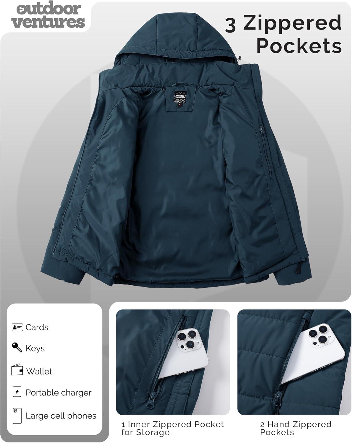 Outdoor Ventures Women’s Hooded Puffer Jacket Waterproof Lightweight Full-Zip Warm Quilted Winter Coat(Deep Blue)