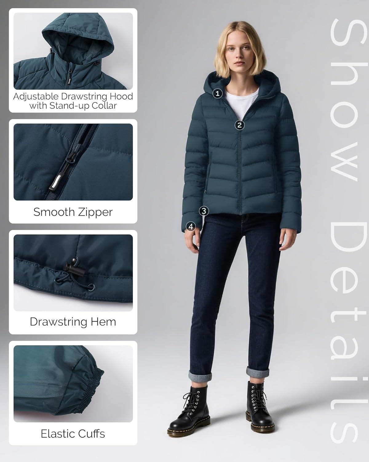Outdoor Ventures Women’s Hooded Puffer Jacket Waterproof Lightweight Full-Zip Warm Quilted Winter Coat(Deep Blue)