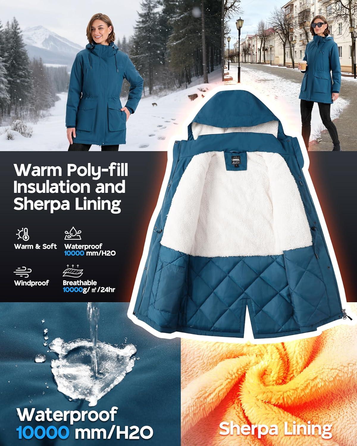 Outdoor Ventures Women’s Waterproof Fleece Lined Winter Coat Parka Removable Hood Warm Long Insulated Thicken Puffer Jacket(Modern Blue)