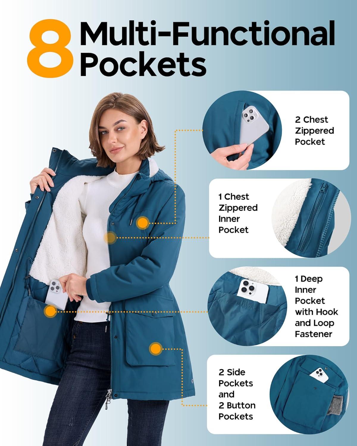 Outdoor Ventures Women’s Waterproof Fleece Lined Winter Coat Parka Removable Hood Warm Long Insulated Thicken Puffer Jacket(Modern Blue)