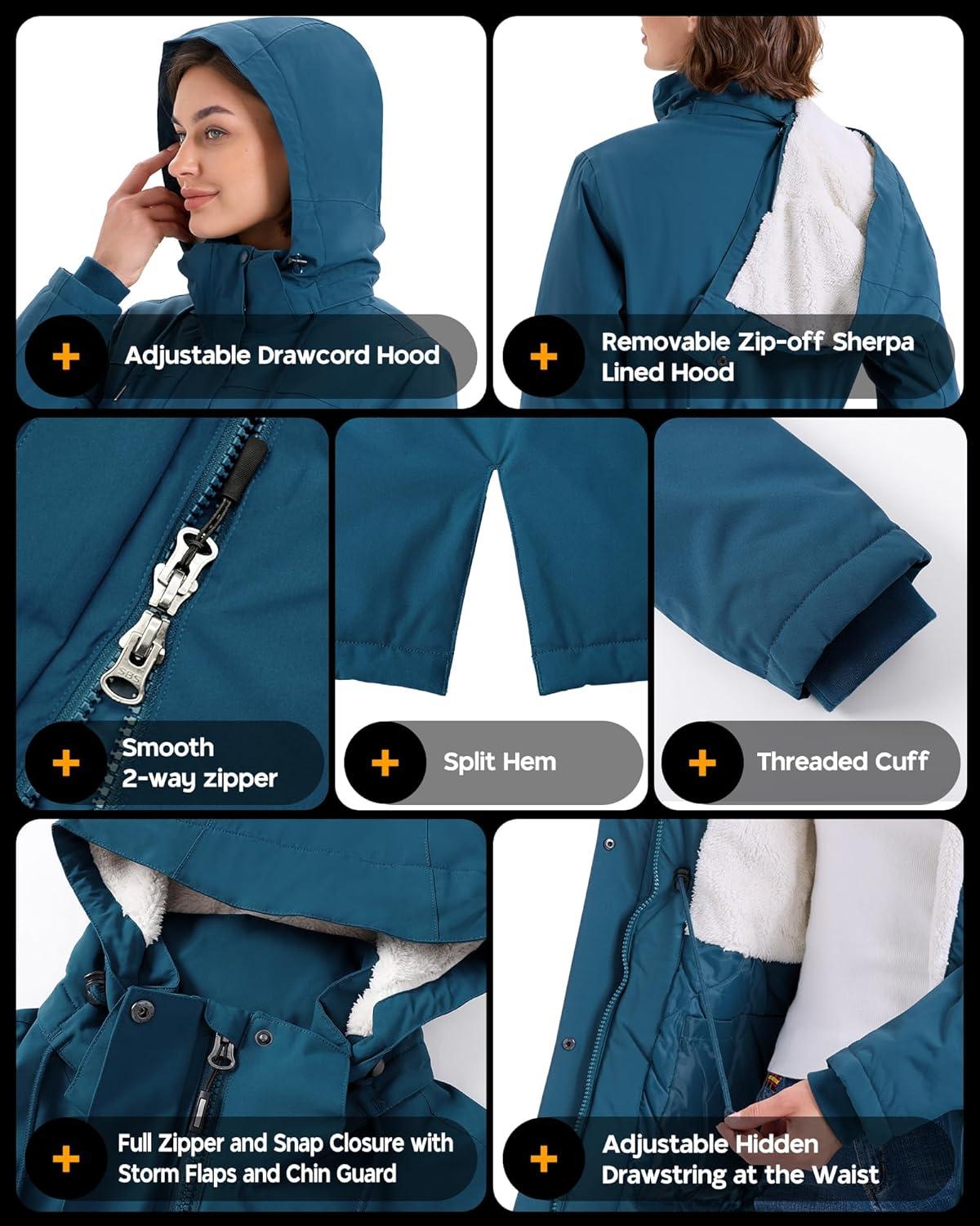Outdoor Ventures Women’s Waterproof Fleece Lined Winter Coat Parka Removable Hood Warm Long Insulated Thicken Puffer Jacket(Modern Blue)