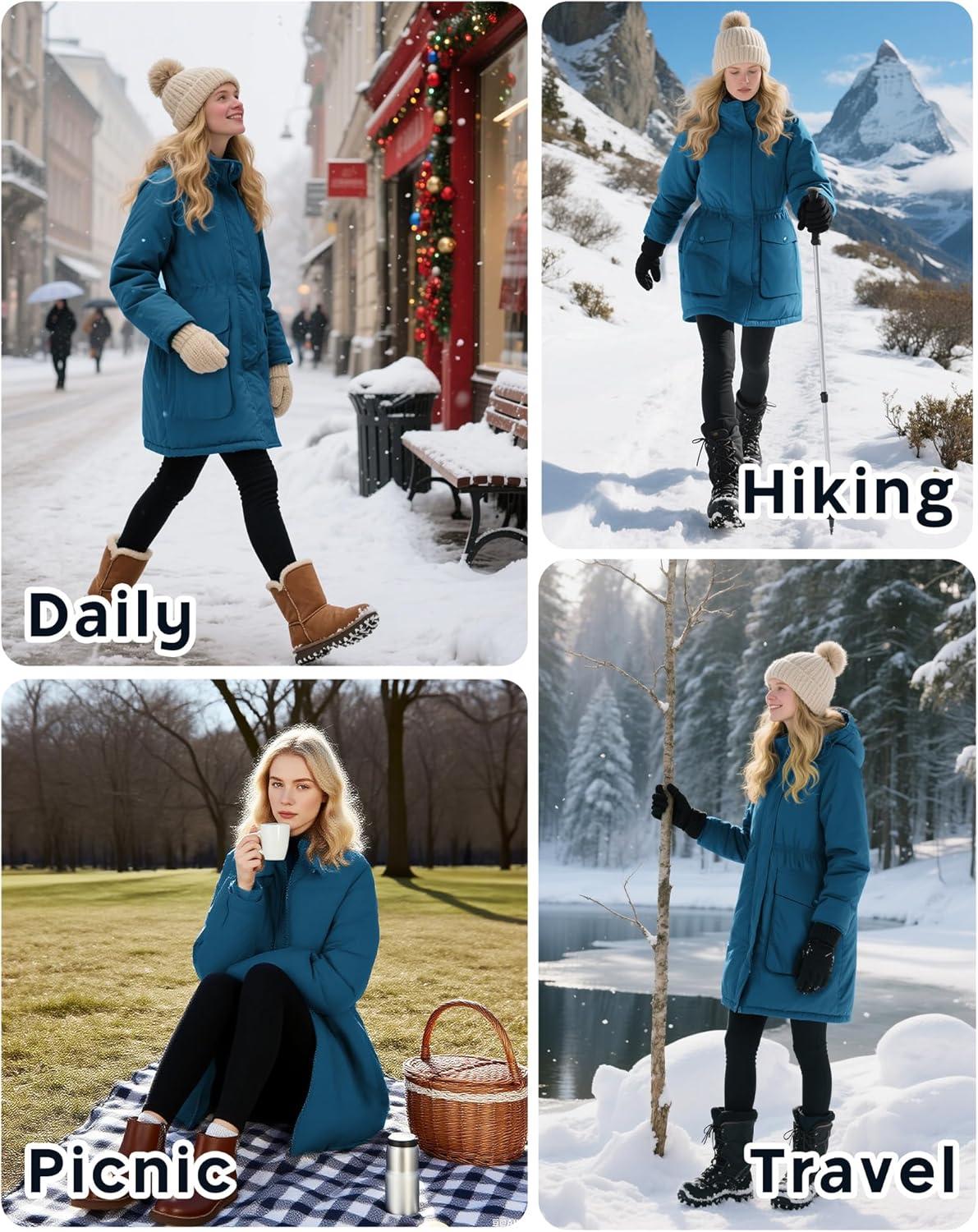 Outdoor Ventures Women’s Waterproof Fleece Lined Winter Coat Parka Removable Hood Warm Long Insulated Thicken Puffer Jacket(Modern Blue)