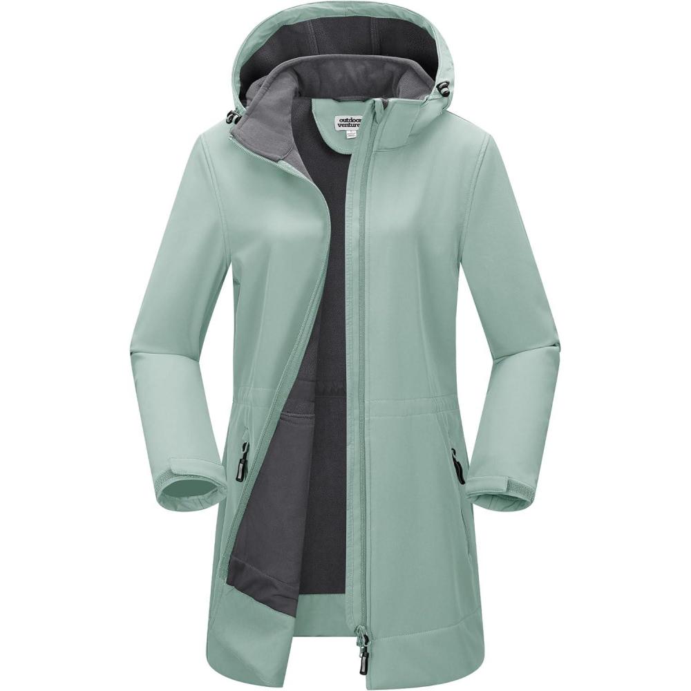 Outdoor Ventures Women’s Softshell Jacket with Removable Hood Fleece Lined Windbreaker Insulated Long Warm Rain Jacket(Green)