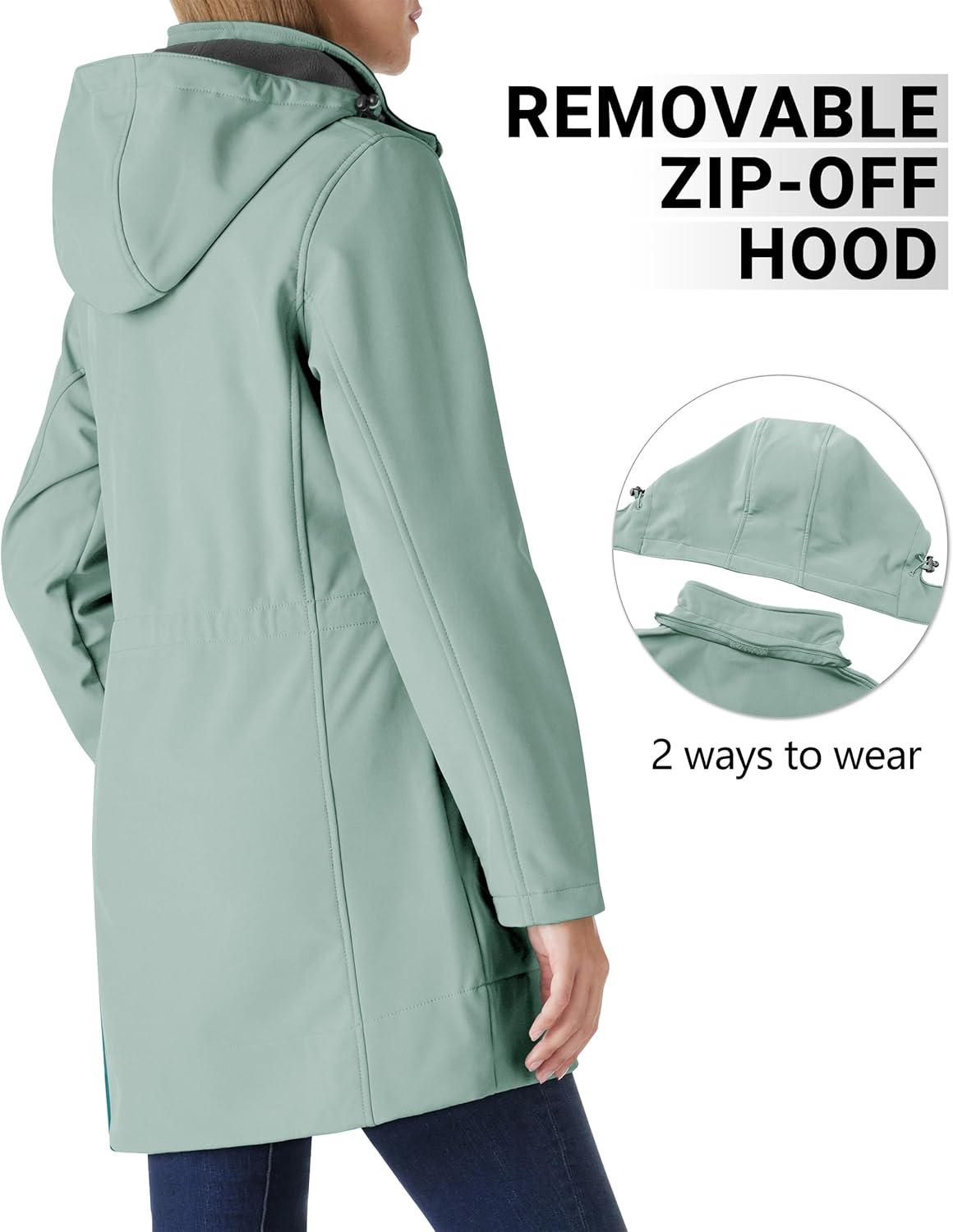 Outdoor Ventures Women’s Softshell Jacket with Removable Hood Fleece Lined Windbreaker Insulated Long Warm Rain Jacket(Green)