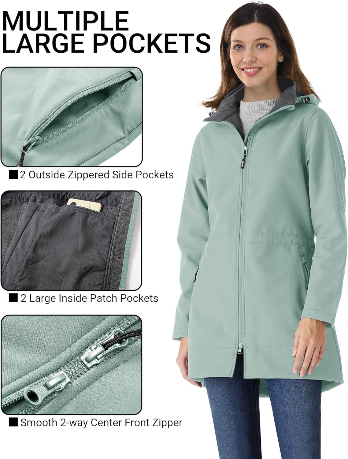 Outdoor Ventures Women’s Softshell Jacket with Removable Hood Fleece Lined Windbreaker Insulated Long Warm Rain Jacket(Green)