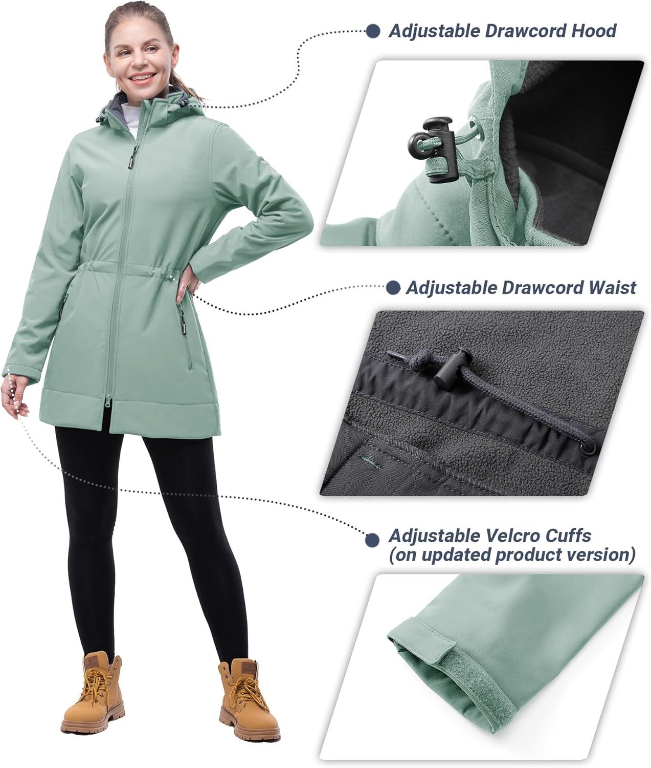 Outdoor Ventures Women’s Softshell Jacket with Removable Hood Fleece Lined Windbreaker Insulated Long Warm Rain Jacket(Green)