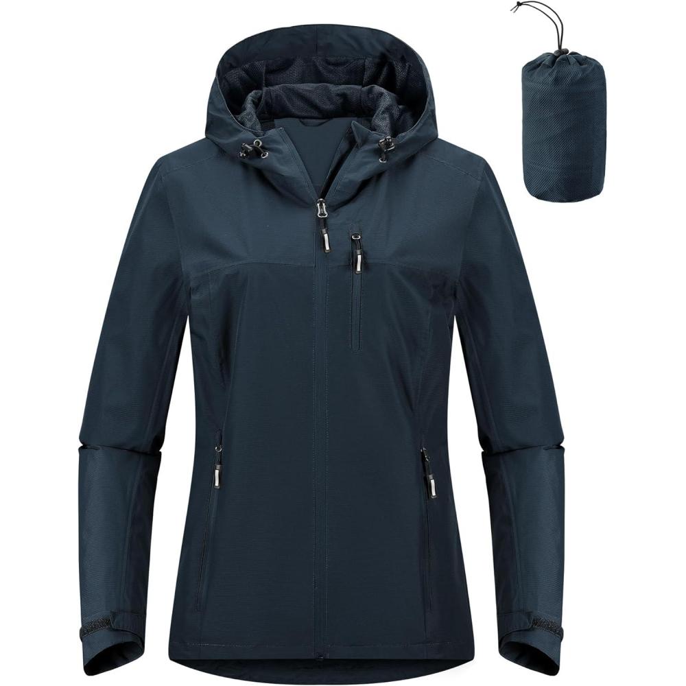 Outdoor Ventures Packable Rain Jacket Women Lightweight Waterproof Raincoat with Hood Cycling Bike Jacket(Midnight Blue)