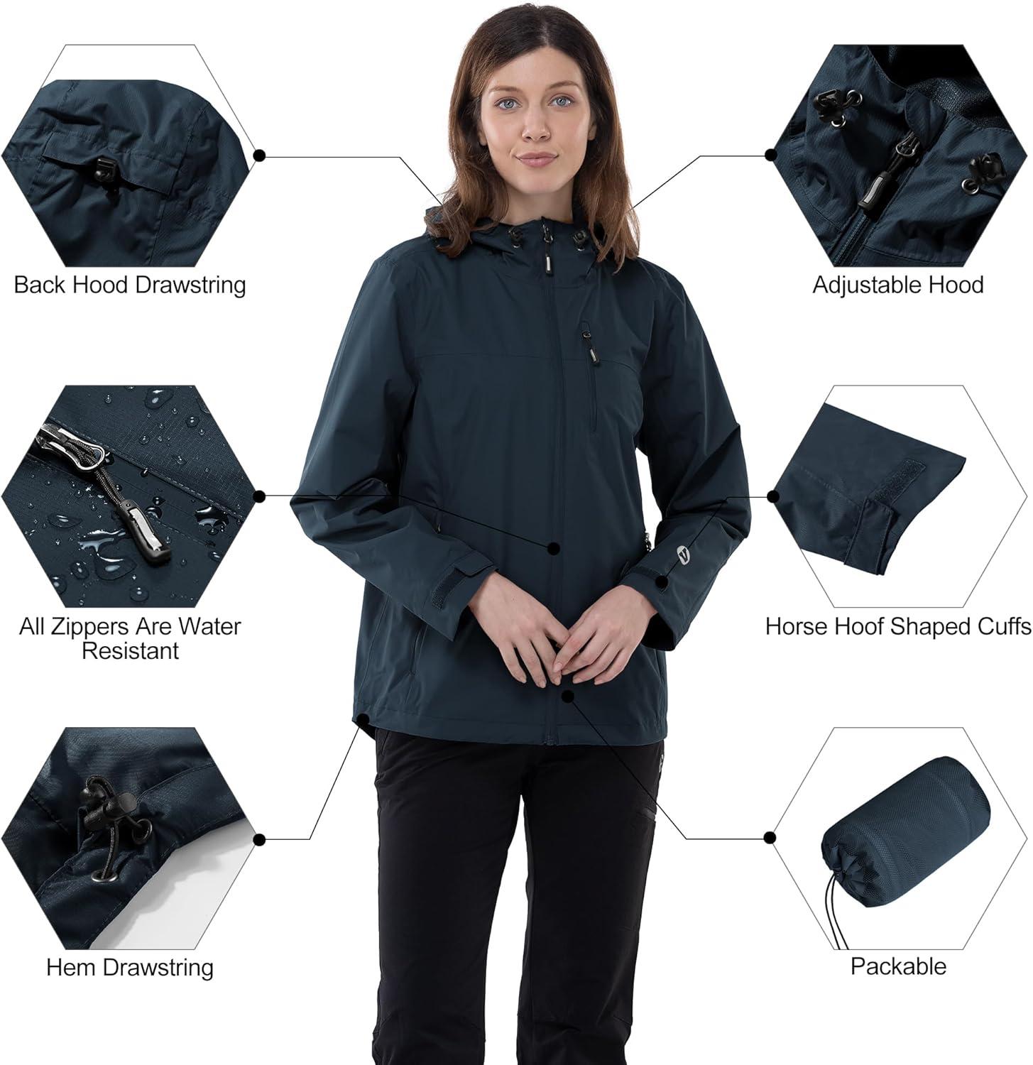 Outdoor Ventures Packable Rain Jacket Women Lightweight Waterproof Raincoat with Hood Cycling Bike Jacket(Midnight Blue)