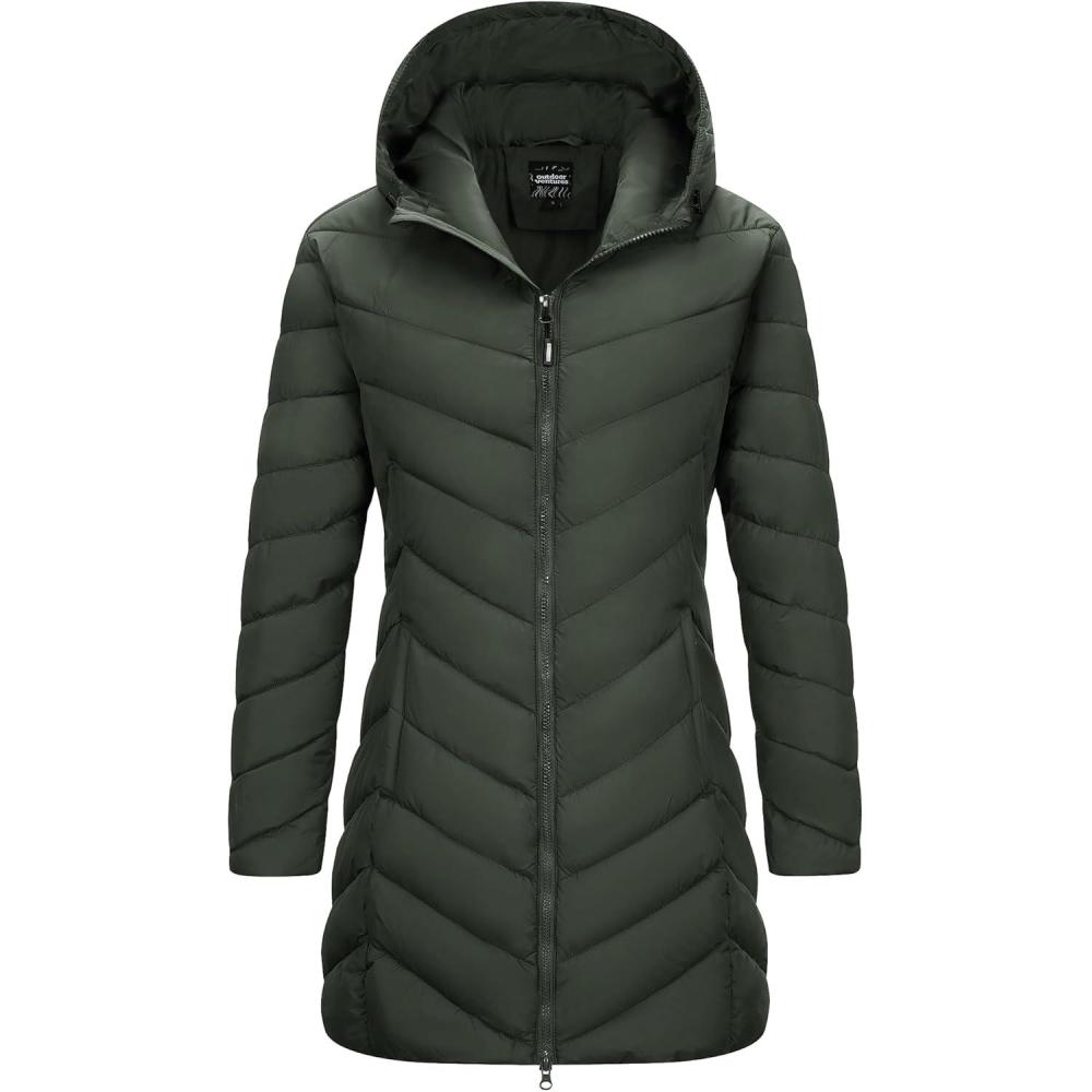 Outdoor Ventures Women’s Long Hooded Lightweight Puffer Coat Quilted Insulated Winter Jacket(Army Green)