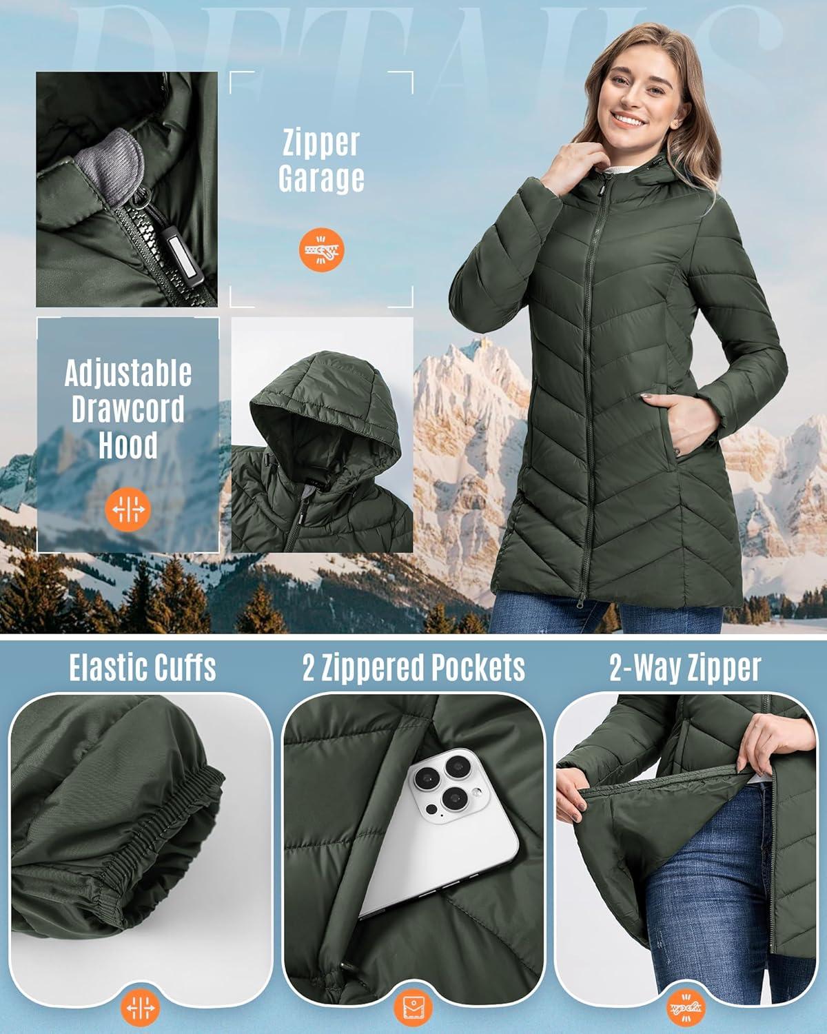 Outdoor Ventures Women’s Long Hooded Lightweight Puffer Coat Quilted Insulated Winter Jacket(Army Green)