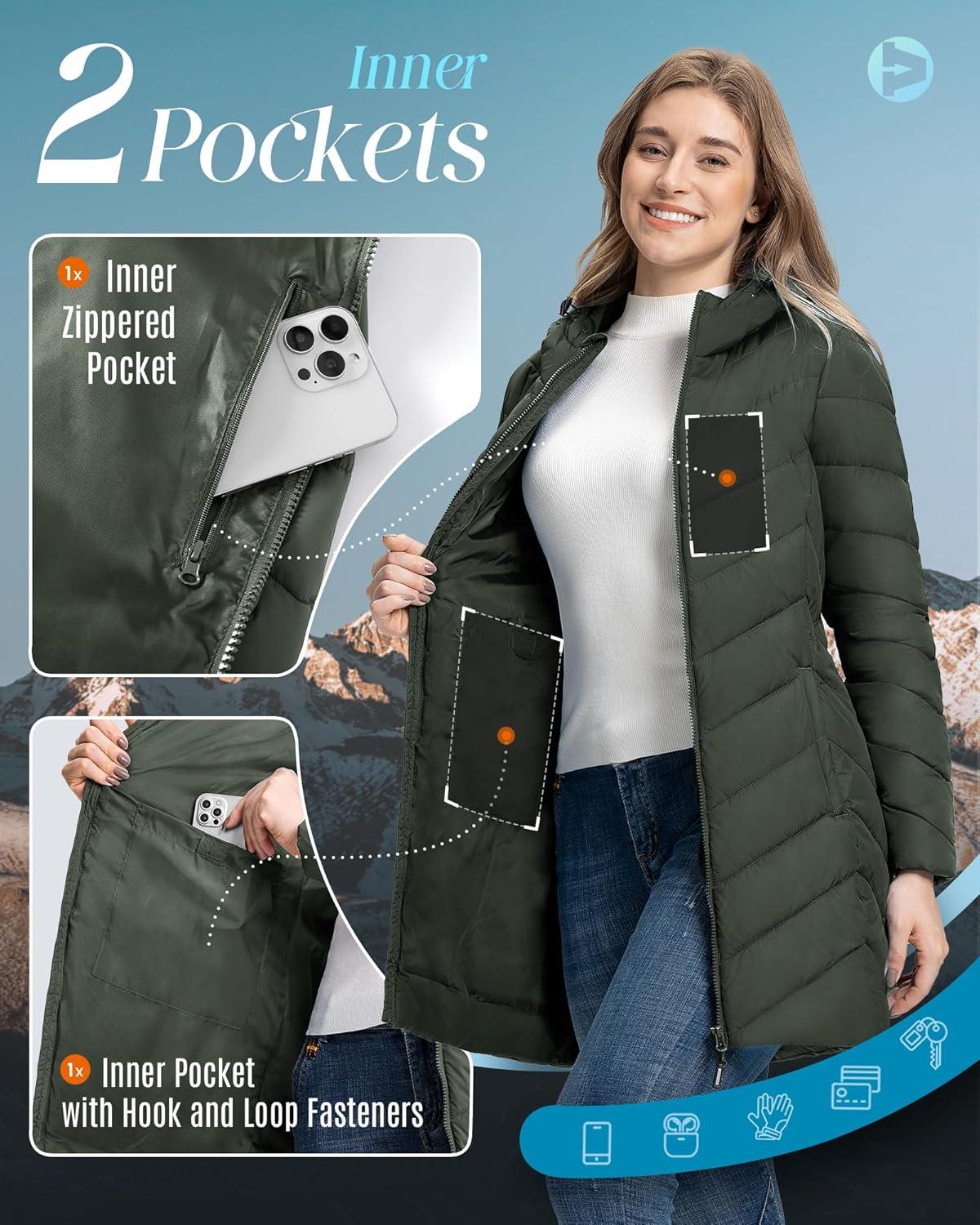 Outdoor Ventures Women’s Long Hooded Lightweight Puffer Coat Quilted Insulated Winter Jacket(Army Green)