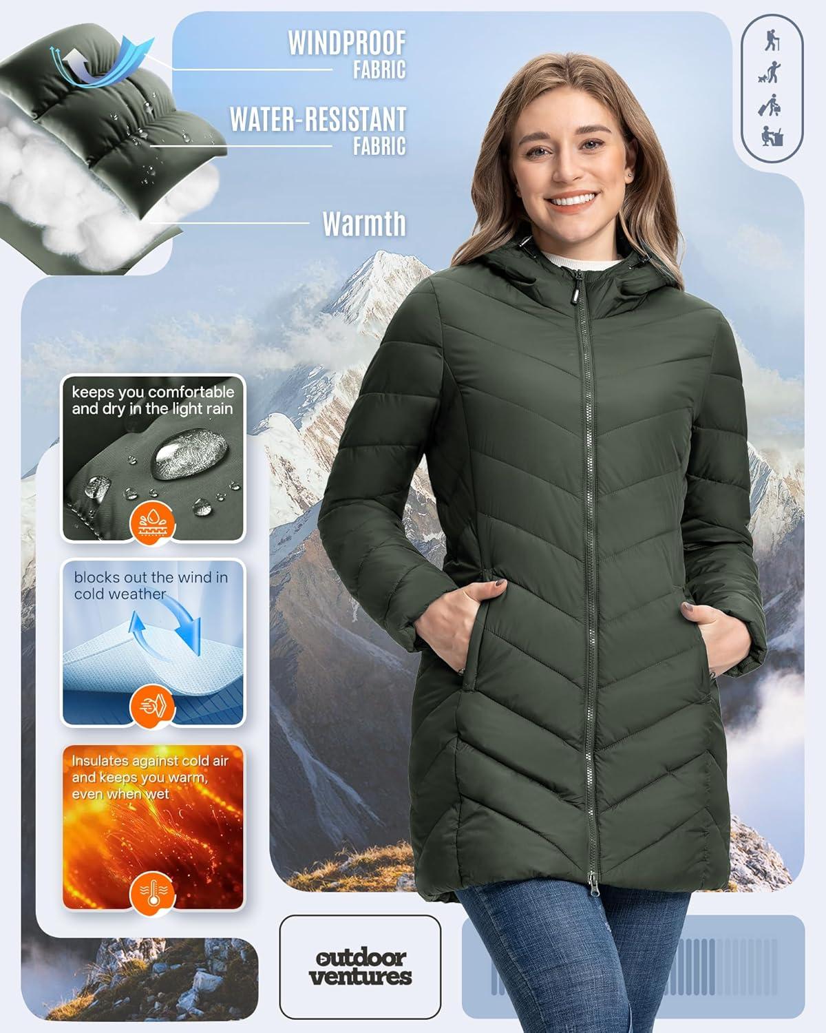 Outdoor Ventures Women’s Long Hooded Lightweight Puffer Coat Quilted Insulated Winter Jacket(Army Green)