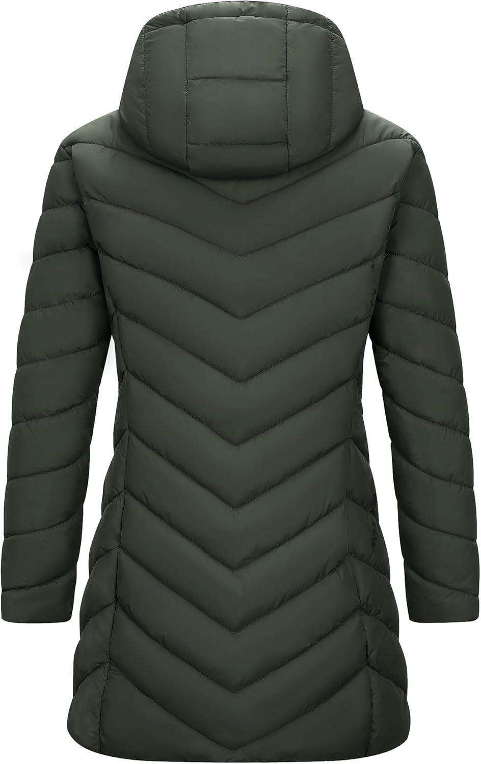 Outdoor Ventures Women’s Long Hooded Lightweight Puffer Coat Quilted Insulated Winter Jacket(Army Green)