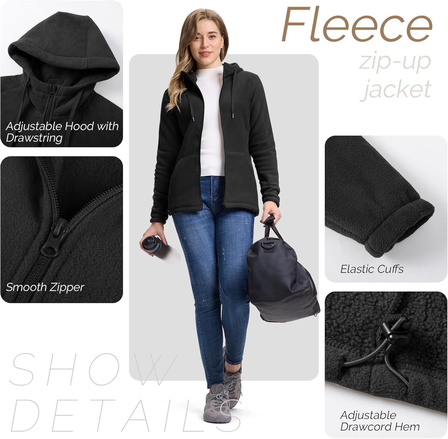 Outdoor Ventures Women’s Full Zip Hooded Fleece Jacket Coat with 6 Pockets, Warm Soft Polar Fleece Casual Hoodie Sweatshirt(Black)