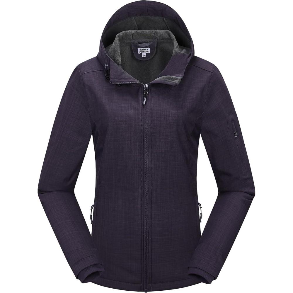 Outdoor Ventures Women’s Softshell Jacket with Hood Fleece Lined Warm Lightweight Waterproof Insulated Windbreaker(Purple Melange)