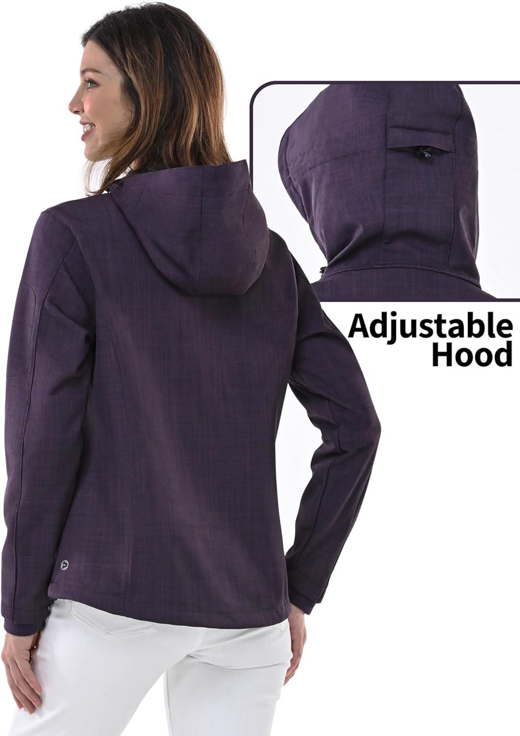 Outdoor Ventures Women’s Softshell Jacket with Hood Fleece Lined Warm Lightweight Waterproof Insulated Windbreaker(Purple Melange)