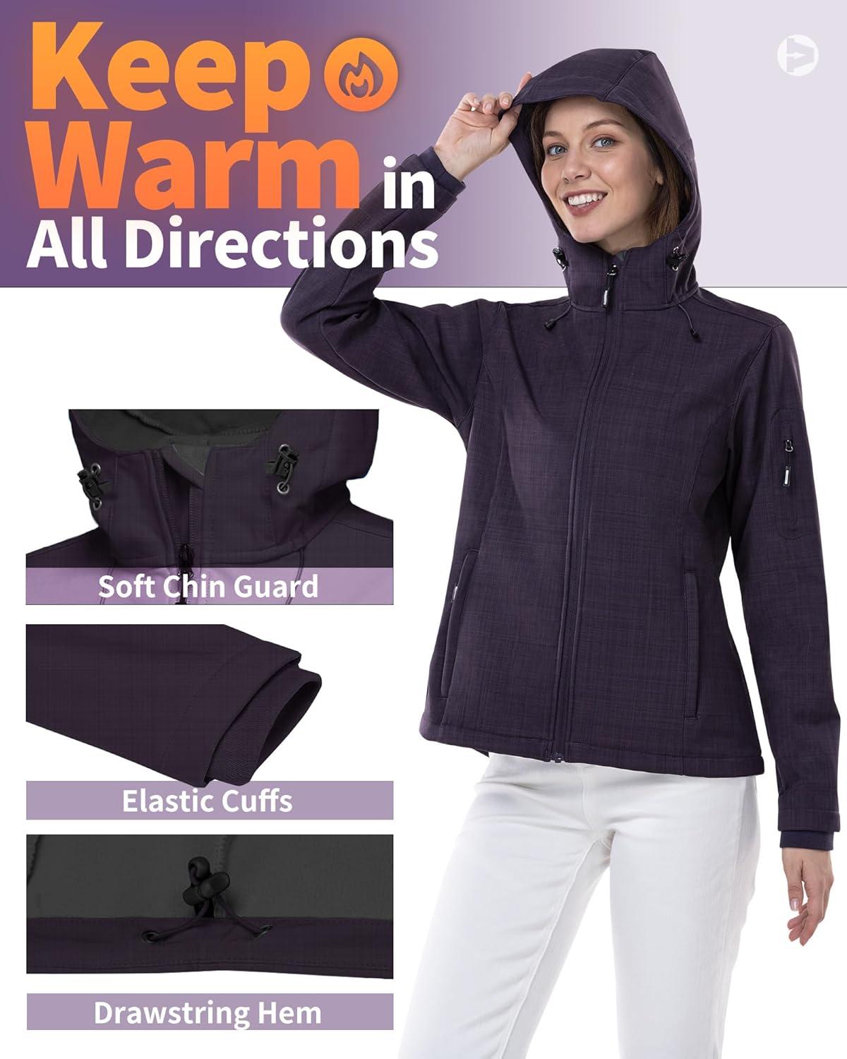 Outdoor Ventures Women’s Softshell Jacket with Hood Fleece Lined Warm Lightweight Waterproof Insulated Windbreaker(Purple Melange)