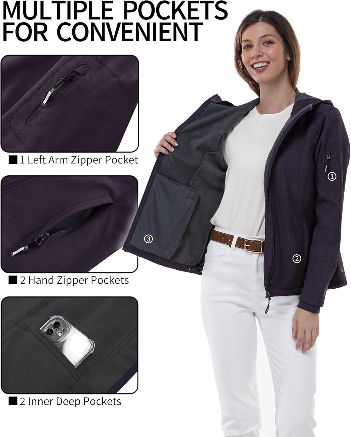 Outdoor Ventures Women’s Softshell Jacket with Hood Fleece Lined Warm Lightweight Waterproof Insulated Windbreaker(Purple Melange)