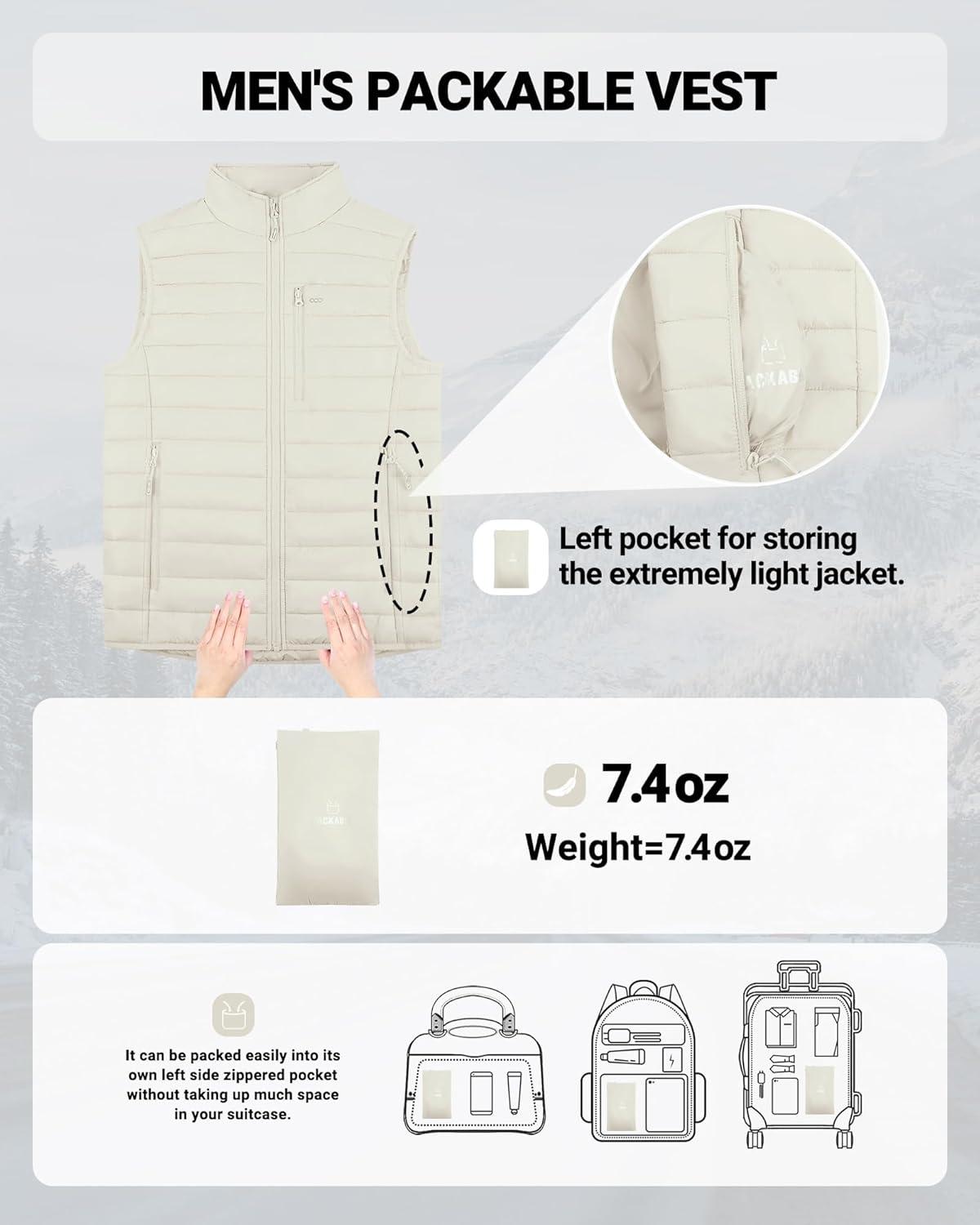 Outdoor Ventures Men’s Lightweight Puffer Vest Outerwear Warm Quilted Sleeveless Packable Winter Jacket for Hiking Running(Beige)
