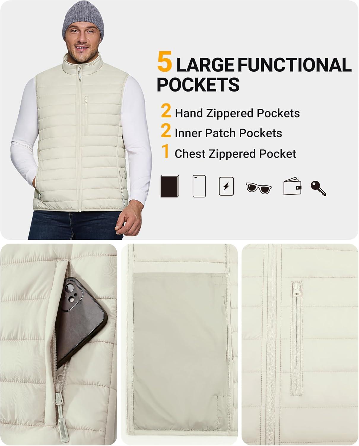 Outdoor Ventures Men’s Lightweight Puffer Vest Outerwear Warm Quilted Sleeveless Packable Winter Jacket for Hiking Running(Beige)
