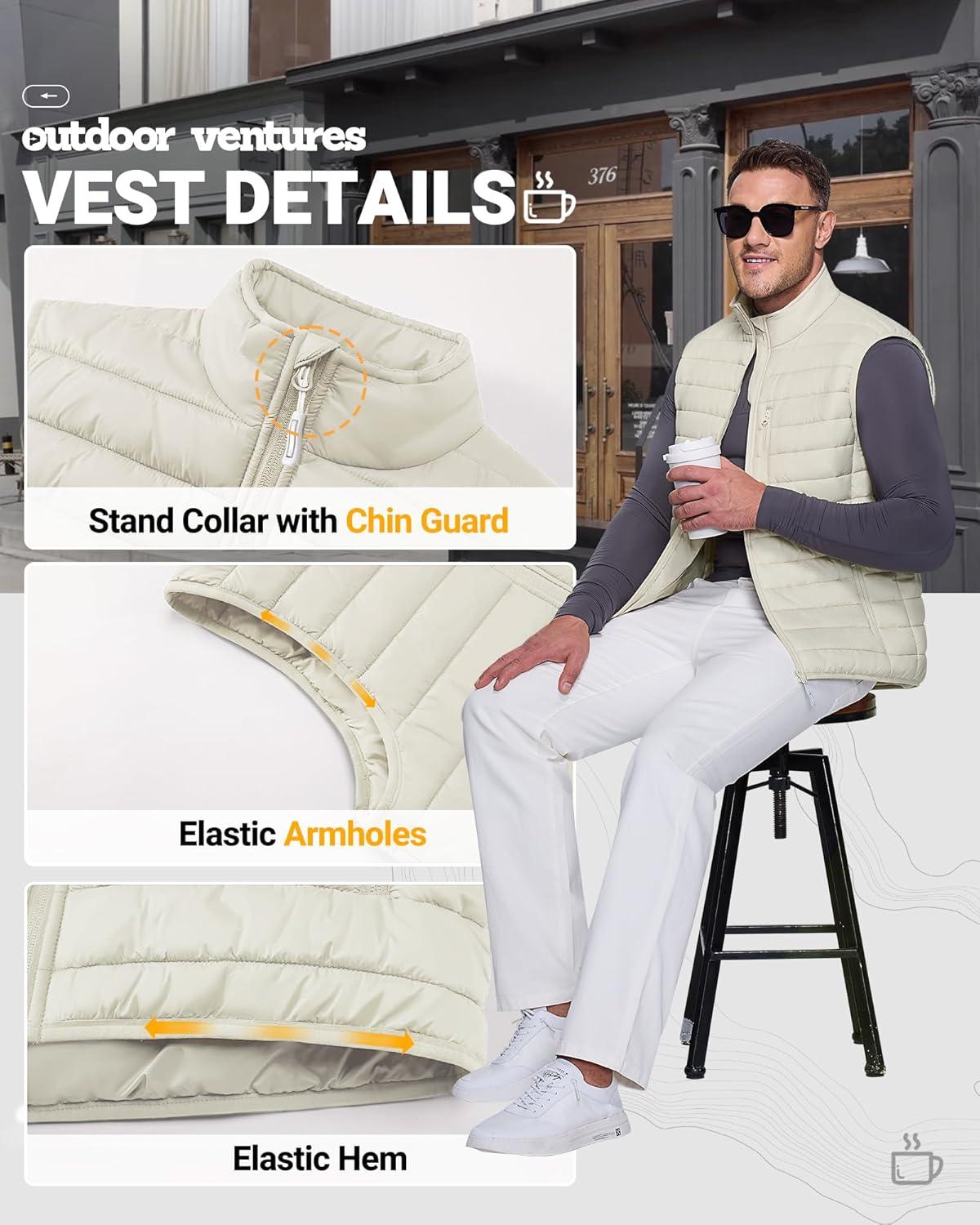 Outdoor Ventures Men’s Lightweight Puffer Vest Outerwear Warm Quilted Sleeveless Packable Winter Jacket for Hiking Running(Beige)
