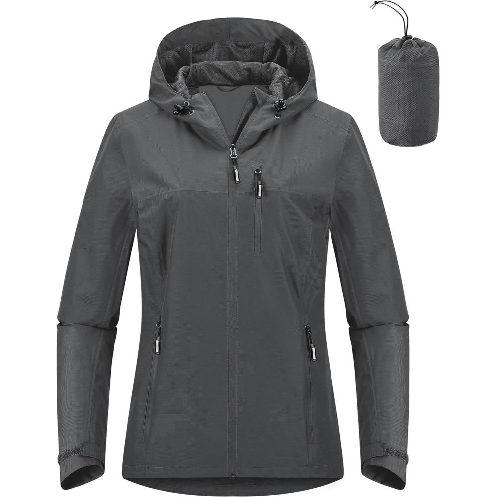Outdoor Ventures Packable Rain Jacket Women Lightweight Waterproof Raincoat with Hood Cycling Bike Jacket(Plain Grey)